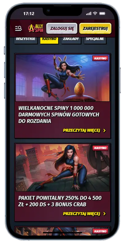 Sekcja promocji AllySpin z ofertą Wielkanocnych Spinów – 1 000 000 darmowych spinów oraz pakietem powitalnym 250% do 4 500 zł