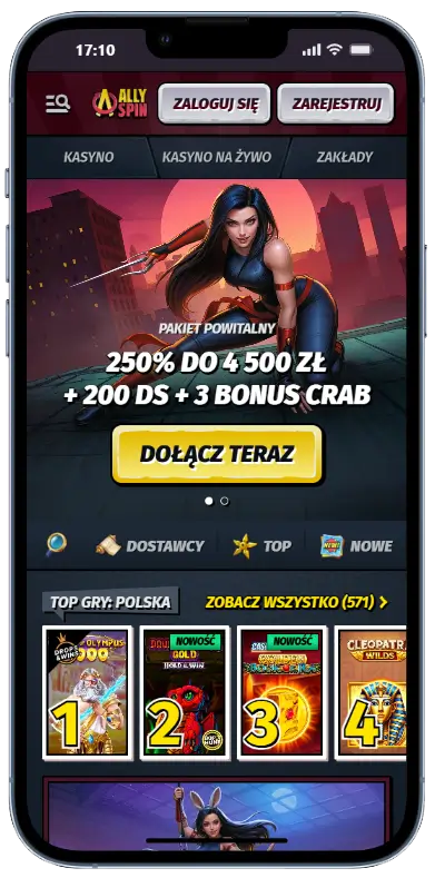 Strona główna kasyna AllySpin z banerem powitalnym – bonus 250% do 4 500 zł, 200 darmowych spinów i 3 Bonus Crab oraz przyciskiem Dołącz Teraz
