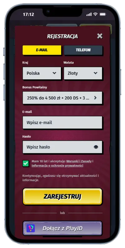 Formularz rejestracji AllySpin z polami na e-mail i hasło, wyborem kraju Polska i waluty Złoty oraz widocznym bonusem powitalnym 250% do 4 500 zł